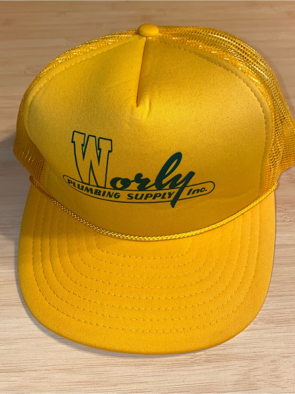 Worly Plumbing Supply Yellow Green Trucker Baseball Cap Hat Vintage OSFM
